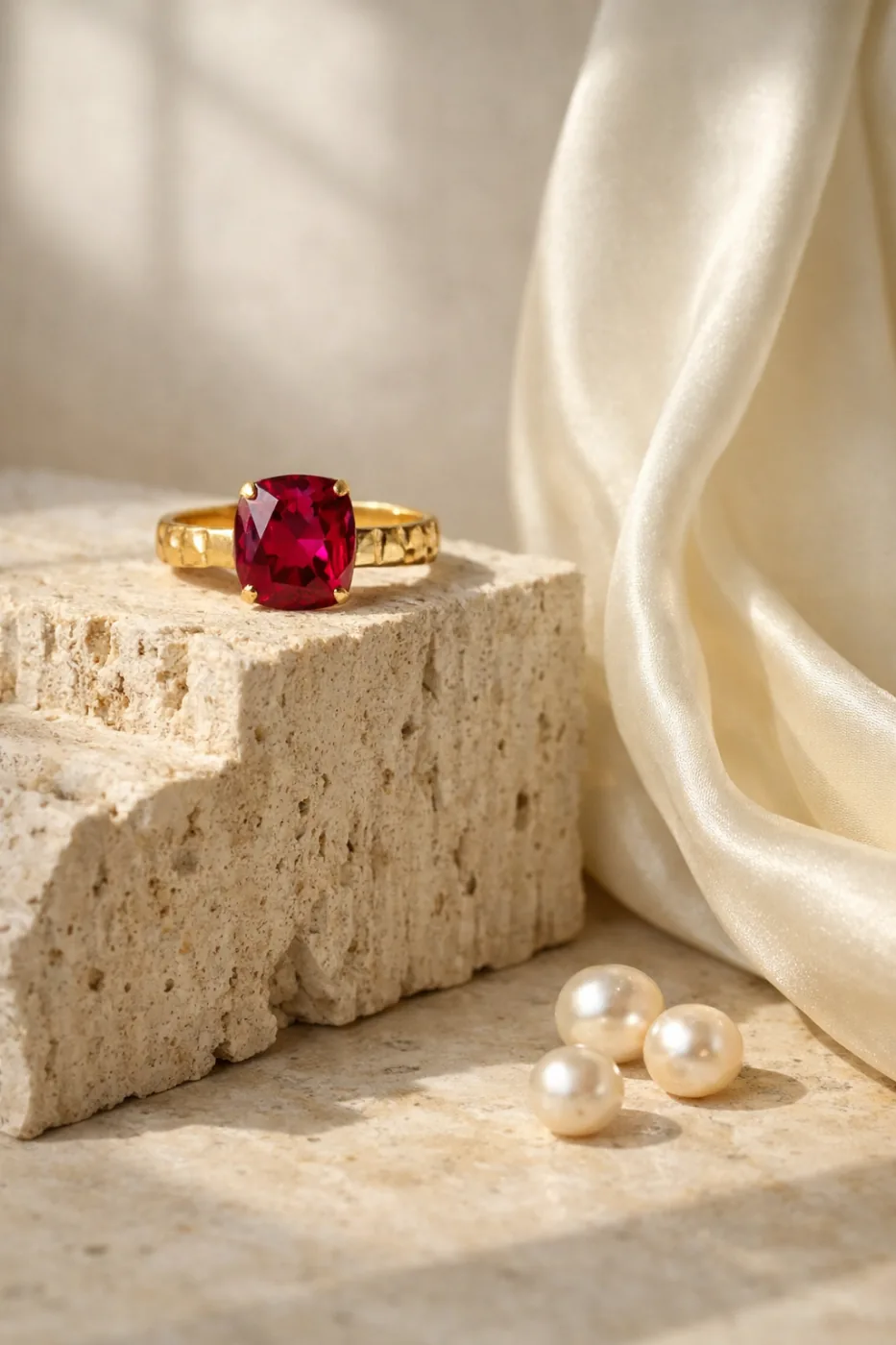 Hammered gold ruby ring on travertine